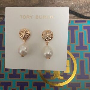 Tory Burch Gold Logo & Pearl Drop Earrings